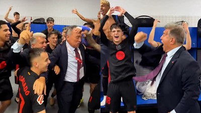 Barcelona Başkanı Joan Laporta şampiyonluğu soyunma odasında kutladı!