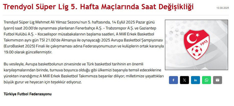TFF Fenerbahçe-Trabzonspor maçının saatini değiştirdi - Resim : 1