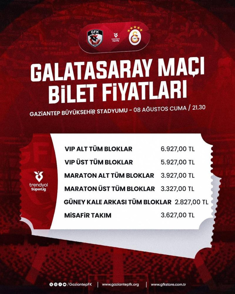 Gaziantep FK-Galatasaray maçının bilet fiyatları belli oldu - Resim : 2