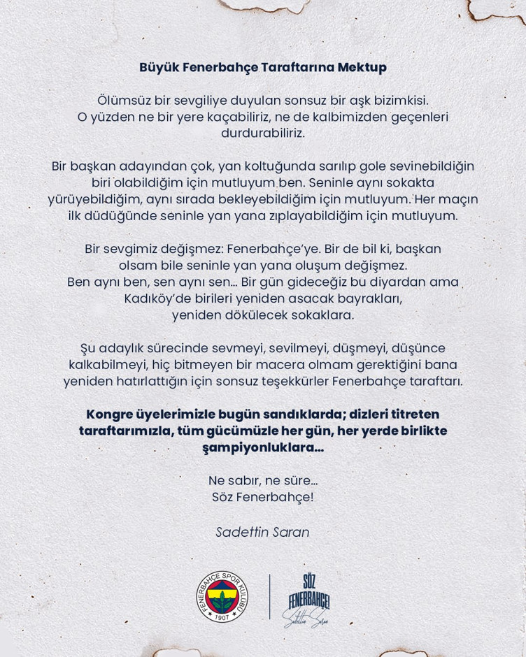 Sadettin Saran'dan Fenerbahçe taraftarına mektup: "Kadıköy'de birileri yeniden asacak bayrakları" - Resim : 2