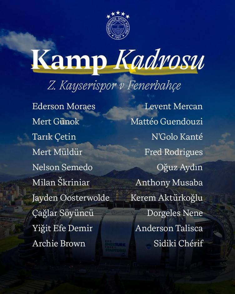 Fenerbahçe'de Marco Asensio, Edson Alvarez ve İsmail Yüksek Kayserispor maçında yok - Resim : 1